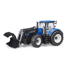 Blue Bruder New Holland T7 315 tractor model with slip-on front loader, featuring large black tires and realistic farming details.