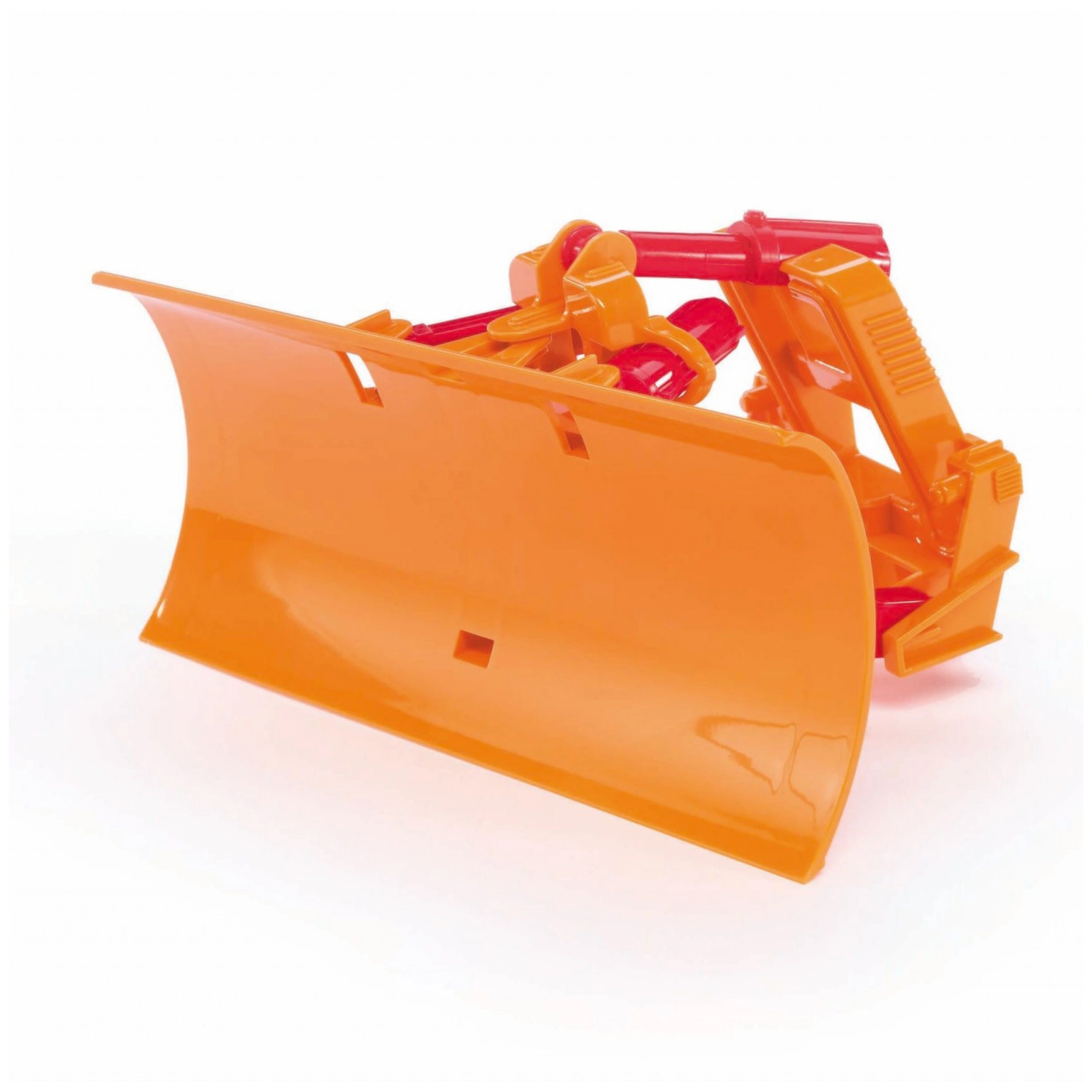 Orange and red Bruder plow blade for toy tractors and MB trucks with adjustable features.