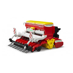 Bruder Pöttinger Vitasem 302ADD toy seeder in red, yellow, and white with realistic farm machinery details.