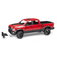 Red Bruder RAM 2500 Power Wagon toy truck, 1:16 scale, realistic design, black wheels, detachable parts.