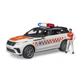 Bruder Range Rover Velar emergency doctor vehicle with driver, white with red checkered pattern and blue-red lights.