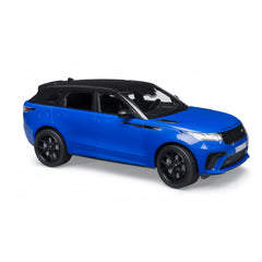 Blue Range Rover Velar toy car with black roof and realistic details, angled right on a white background.