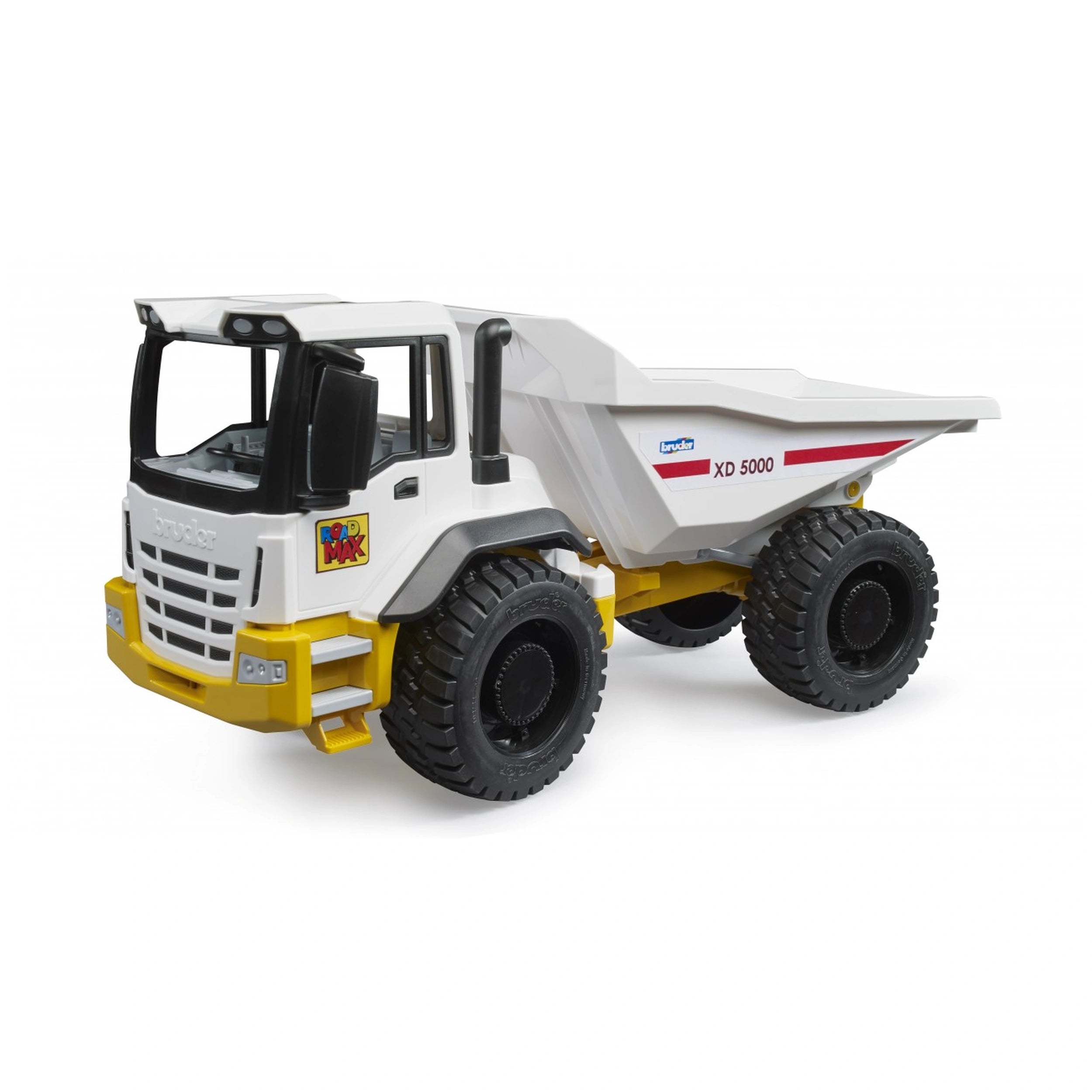 Bruder Roadmax Dumper toy truck with white cab, yellow accents, and black tires, suitable for children aged two and above.