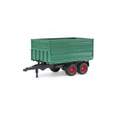 Green tandem axle tipping trailer with red wheels and a removable top, designed for realistic farming play.