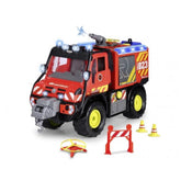A toy model of the Mercedes-Benz Unimog U530 Fire Rescue vehicle with lights and sounds. It is predominantly red with yellow accents and features a water cannon, toy drones, traffic cones, and road barriers.