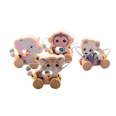 Johntoy - The Wooden Wildies Family Rolling Animals With Bead Track - Push & Pull Toys
