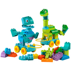 Colorful LEGO DUPLO dinosaur toys on wheels, featuring a T. rex and Diplodocus, surrounded by various building blocks.