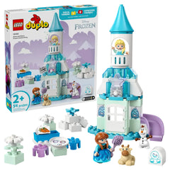 Colorful LEGO® DUPLO® set featuring Anna, Elsa, Olaf, and Baby Sven around a buildable Frozen castle, complete with accessories.
