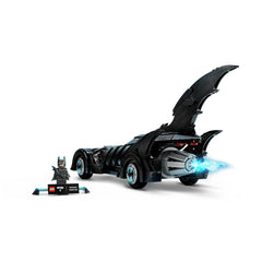 LEGO Batman Forever Batmobile in black design with iconic fins, featuring detailed rear engine and a Batman minifigure on a display stand.