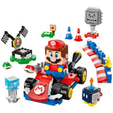 Interactive LEGO® Mario figure in a red kart, surrounded by track elements, cones, a banana, a Bob-omb, and a Thwomp.
