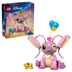 LEGO Disney Angel building toy with a pink and beige model, featuring movable ears and a heart-shaped antenna, alongside a butterfly and blue heart.