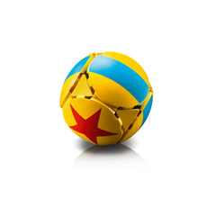 A colorful ball featuring yellow and blue stripes, with a red star prominently displayed, reflecting a playful design inspired by Pixar's animated style.