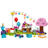 Colorful LEGO® Animal Crossing™ set featuring Julian the horse at a birthday party with gifts, balloons, and a cake.