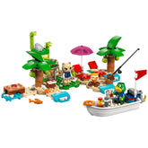 LEGO Animal Crossing Kapp’n’s Island Boat Tour set featuring a vibrant deserted island with palm trees, characters Marshal and Kapp’n, and a boat with fishing gear.
