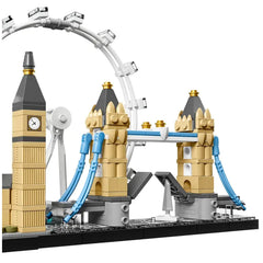 Lego Architecture London set featuring a detailed model of Big Ben and Tower Bridge, with a white London Eye in the background.