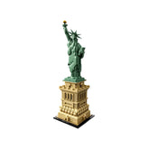 LEGO® Architecture Statue of Liberty model, featuring a green statue atop a detailed tan pedestal, symbolizing freedom and democracy.