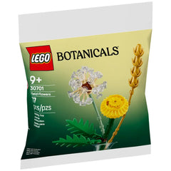 LEGO® Botanicals Field Flowers set 30701 featuring a bright yellow dandelion, clear flower components, and green leaves.