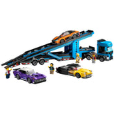 LEGO® City Car Transporter with three sports cars, including an orange car on the trailer, set in a vibrant play scene with three mini-figures.
