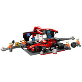 LEGO® City F1® Pit Stop set featuring a red Ferrari race car, four orange-clad pit crew minifigures, and a detailed pit stop scene with tools and screens, designed for imaginative play.