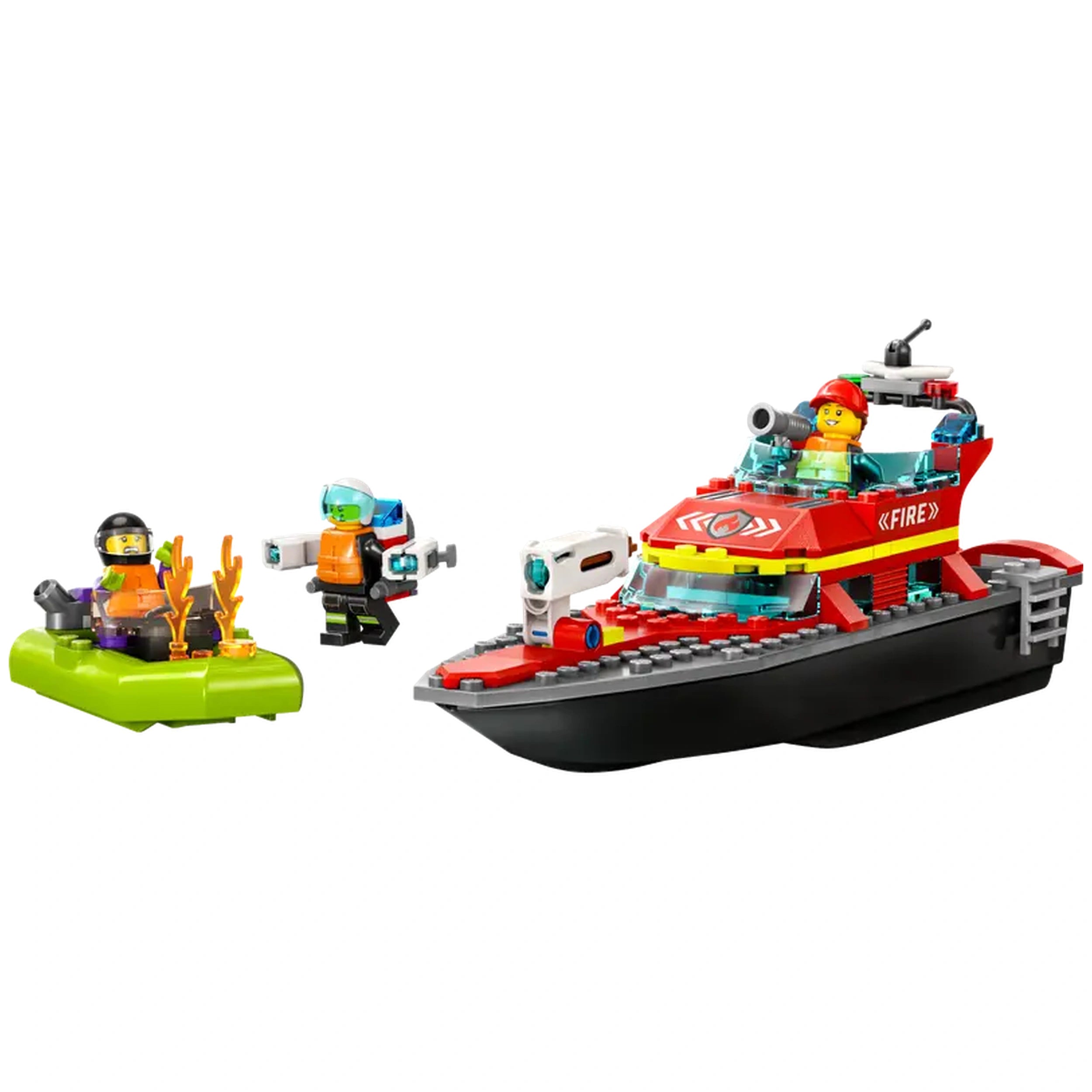 LEGO City Fire Rescue Boat set featuring a red fireboat, a green dinghy with flames, and three minifigures in action poses.