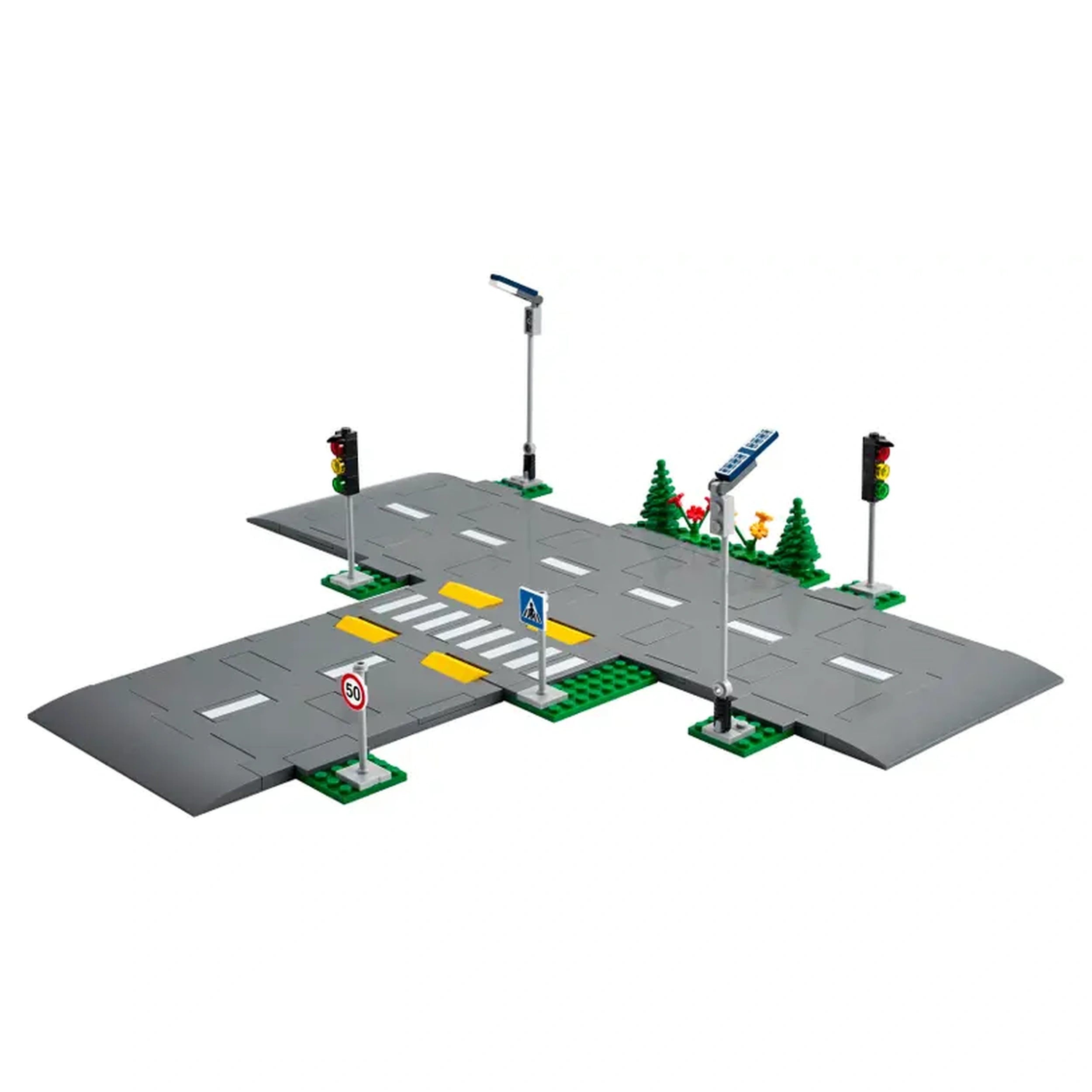 LEGO® City Road Plates construction set featuring a gray intersection with traffic lights, street signs, and landscaping elements.