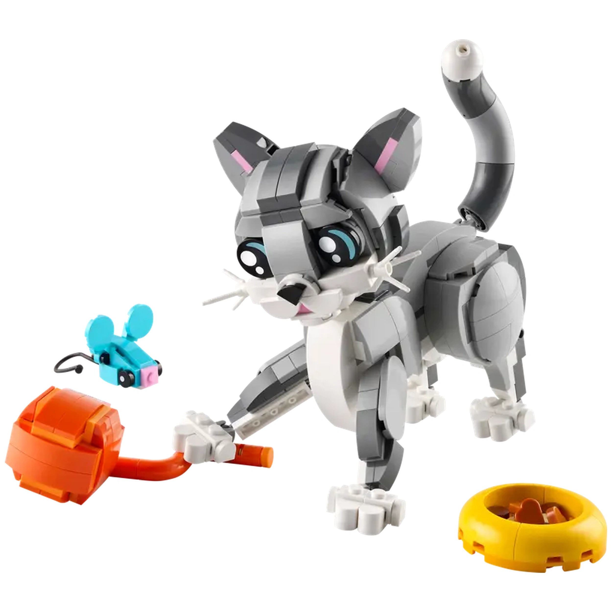 Gray and white LEGO Creator 3-in-1 Playful Cat with movable limbs, a toy mouse, a ball of yarn, and a food bowl in vivid colors.