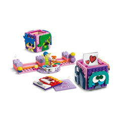 Colorful LEGO® Disney Inside Out 2 Mood Cubes set featuring two buildable cubes, mood plates, mini-doll figures of Joy and Anxiety, and a display stand.