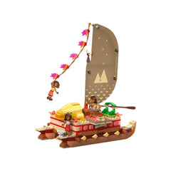 Moana's double-hulled canoe LEGO set features vibrant colors, a decorative sail, and two characters engaged in adventure.