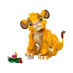 LEGO Disney Simba the Lion King Cub construction set, featuring a detailed yellow lion cub with movable limbs, accompanied by a small leaf build and colorful bugs.