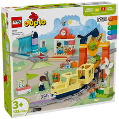 Colorful Lego Duplo Big Interactive Community Train set, featuring a train, station, four figures, and playful accessories for imaginative play.