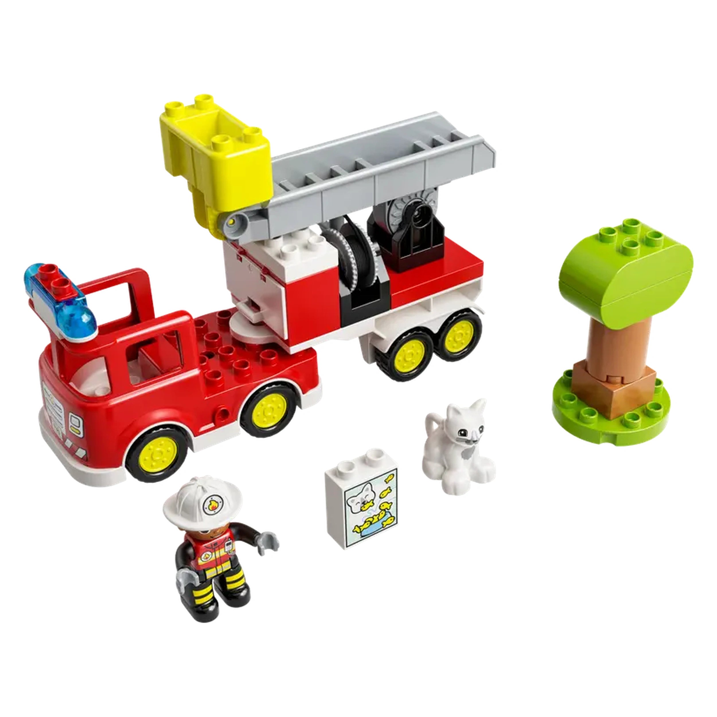 LEGO® DUPLO® Rescue Fire Truck set featuring a red fire truck with a movable ladder, a firefighter figure, a white cat, and a green tree.