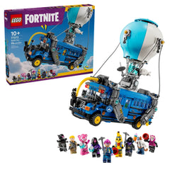 LEGO Fortnite Battle Bus construction set with a blue and black bus featuring a hot-air balloon, alongside several character minifigures.