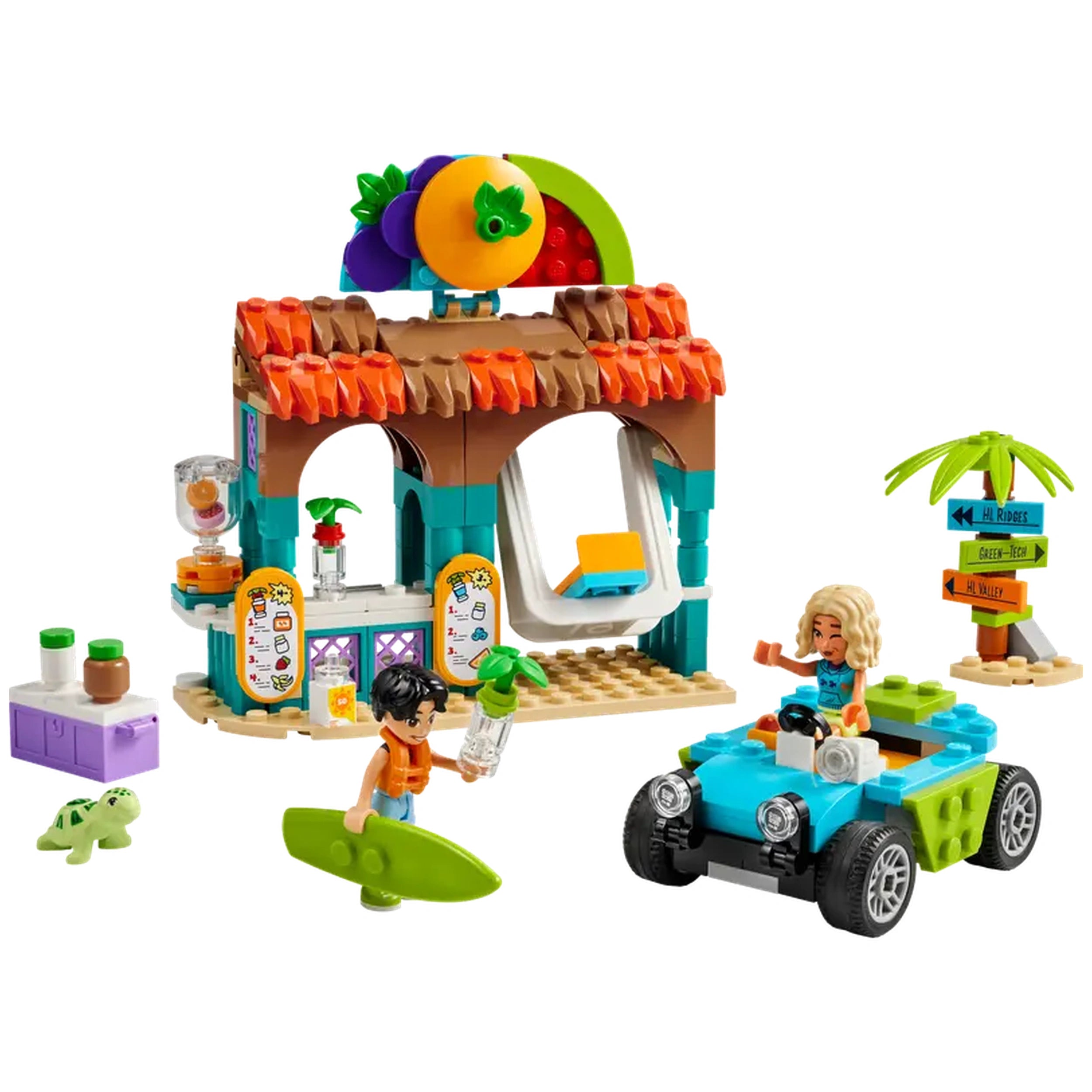 Colorful LEGO® Friends Beach Smoothie Stand with two mini-dolls, a beach buggy, and a smiling girl holding a smoothie.
