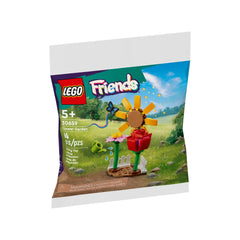 Lego Friends Flower Garden set showcasing a vibrant flower arrangement with a sunny flower, a butterfly, and colorful blossoms against a grassy background.