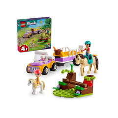LEGO® Friends Horse and Pony Trailer set, featuring a colorful car, horse trailer, two mini-dolls, a horse, and a pony, with a small play area of greenery.