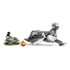LEGO Harry Potter Buckbeak construction set featuring a large, gray Hippogriff figure, a small section of Hagrid's yard, two pumpkins, and a bird.