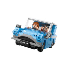 Lego Harry Potter Flying Ford Anglia set with Harry Potter and Ron Weasley minifigures inside, featuring a blue brick-built car.