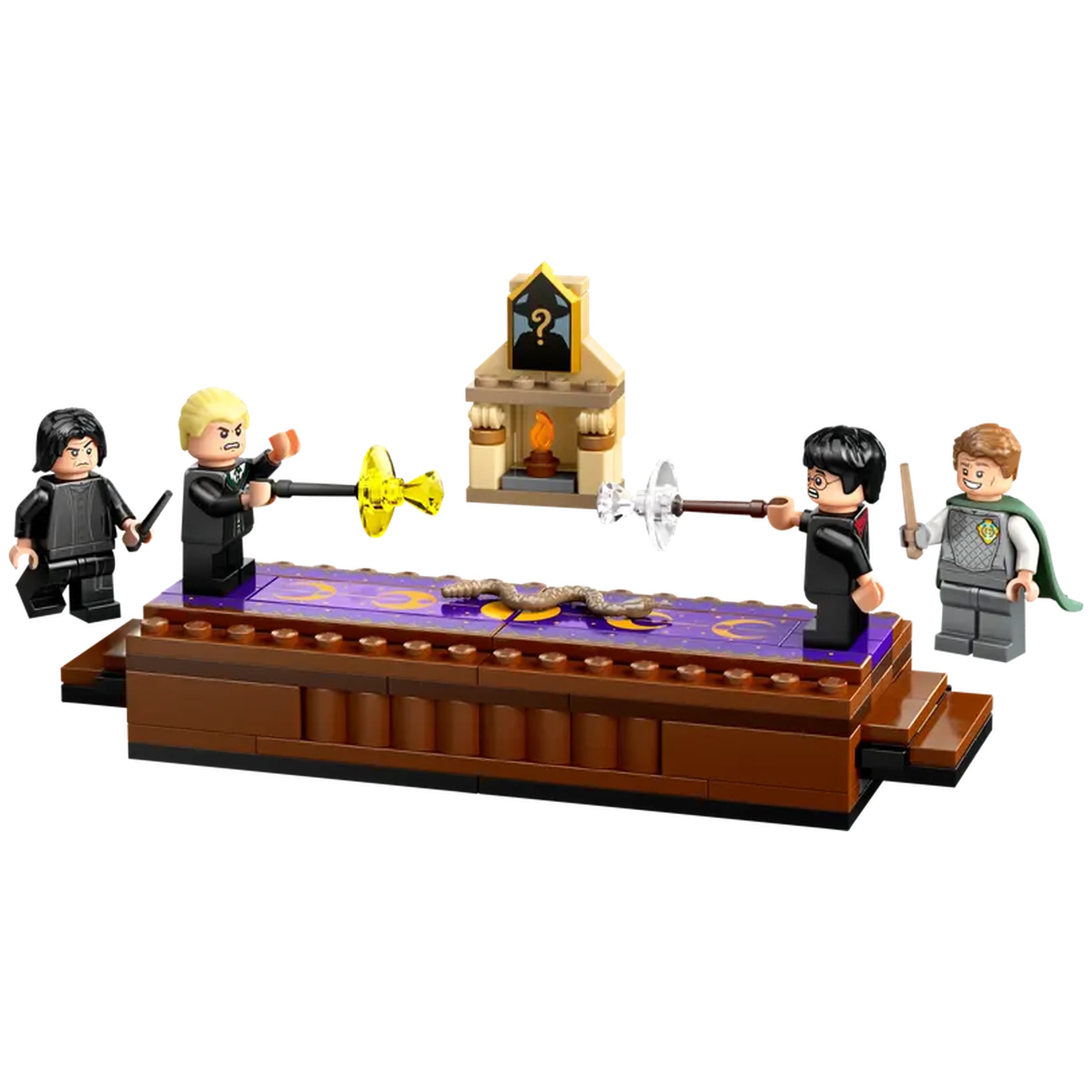 Four LEGO minifigures recreate a magical duel on a wooden platform. Characters include Harry Potter, Draco Malfoy, and Severus Snape. The scene features a detailed backdrop with a flame and a question mark, evoking the Dueling Club from Hogwarts. Bright colors and intricate details enhance the enchanting atmosphere.