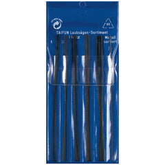 Set of fretsaw blades in a blue plastic packaging, featuring various widths for wood and metal crafting.