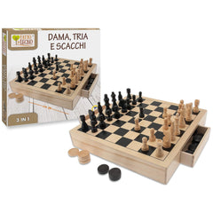 Teorema - Schaak, Dam en Tria 3-in-1 Houten Set - Bordspellen