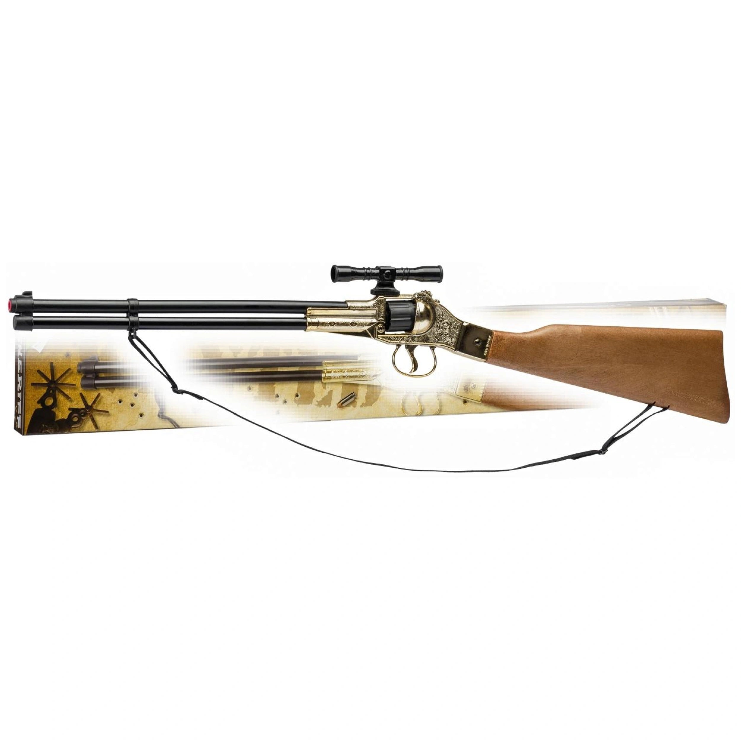 Gold-colored toy rifle with a wooden stock and mounted scope, resting on a textured surface.