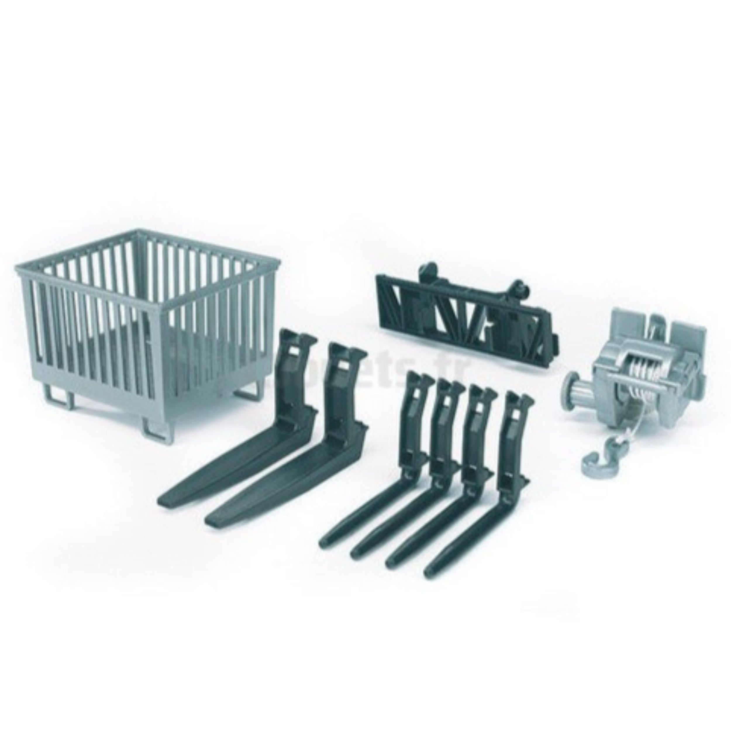 Basket pallet, four black hay forks, two pallet forks, adapter, and cable winch for Bruder frontloader toy set.
