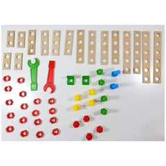 Wooden boards, colorful screws, nuts, and connectors from Alexander Constructor Junior set arranged neatly.