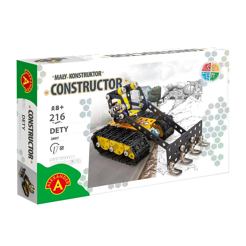 Alexander Constructor Dety Ruspa set box showing a yellow and black construction vehicle model for ages 8+ with 216 pieces.
