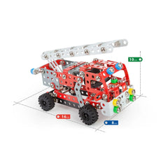 Red and silver metal fire engine toy construction set, 16x8x10 cm, with colorful plastic elements and black wheels.