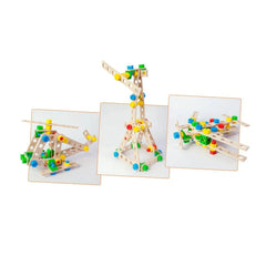 Helicopter, crane, and plane models built from colorful wooden construction set pieces with screws and nuts.