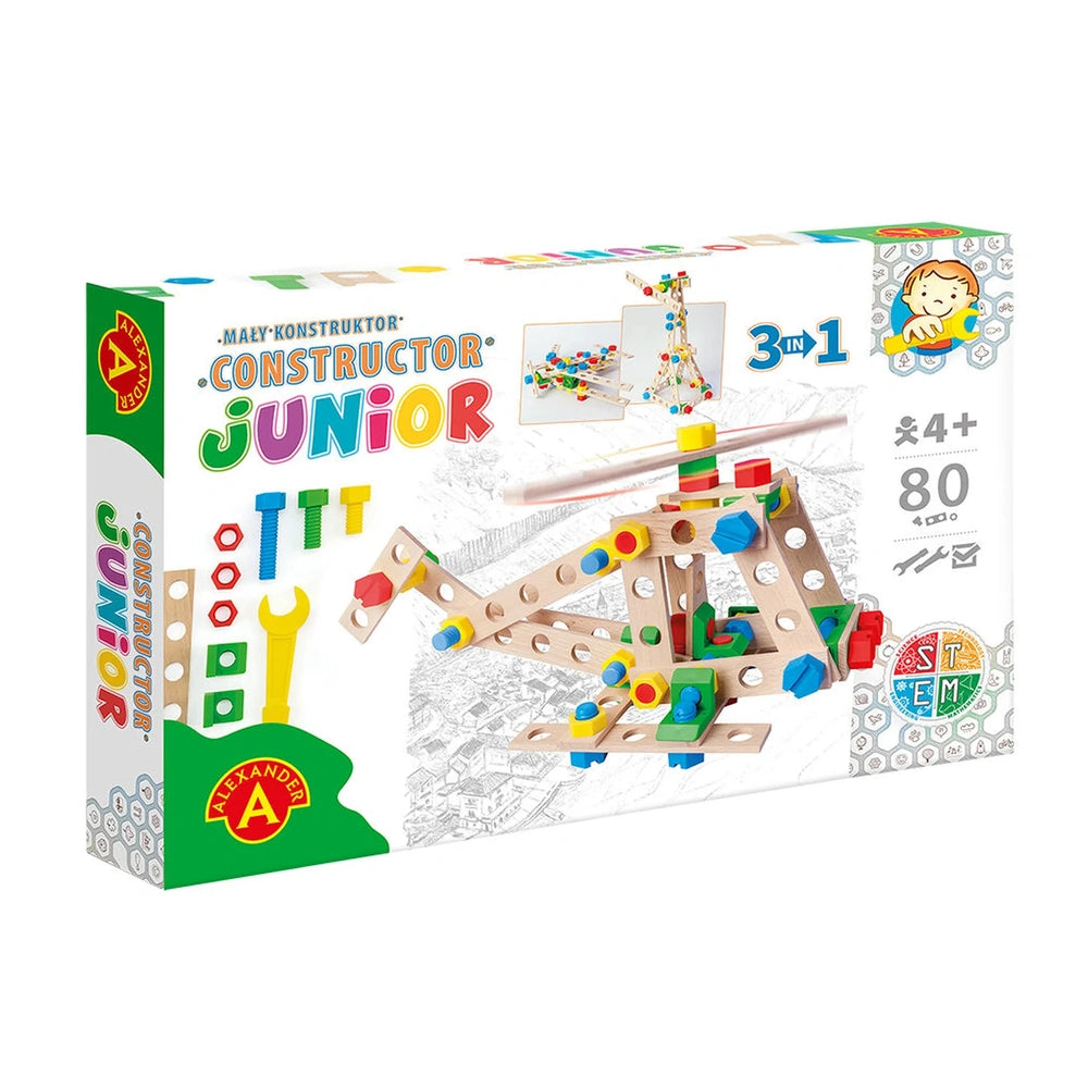 Helicopter construction set for ages 4+, colorful wooden pieces, promotes creativity and engineering skills.