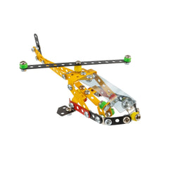 Colorful metal Raptor helicopter model with screws and nuts, featuring yellow and red components with a transparent cockpit.