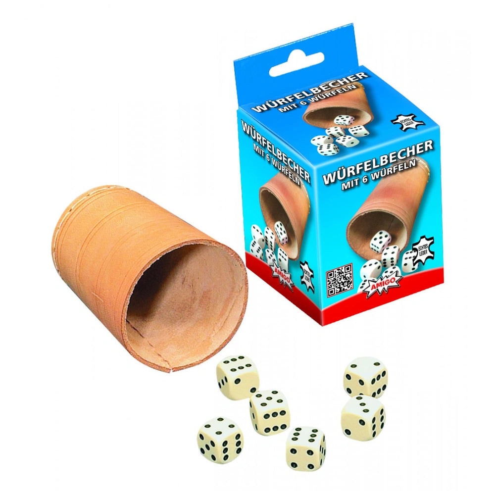 AMIGO Dice Cup packaging featuring a brown cup and white dice, designed for two players, in a blue and white theme.