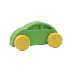 Green toy car with yellow wheels, made of eco-friendly antibacterial materials, featuring a simplistic and smooth design.